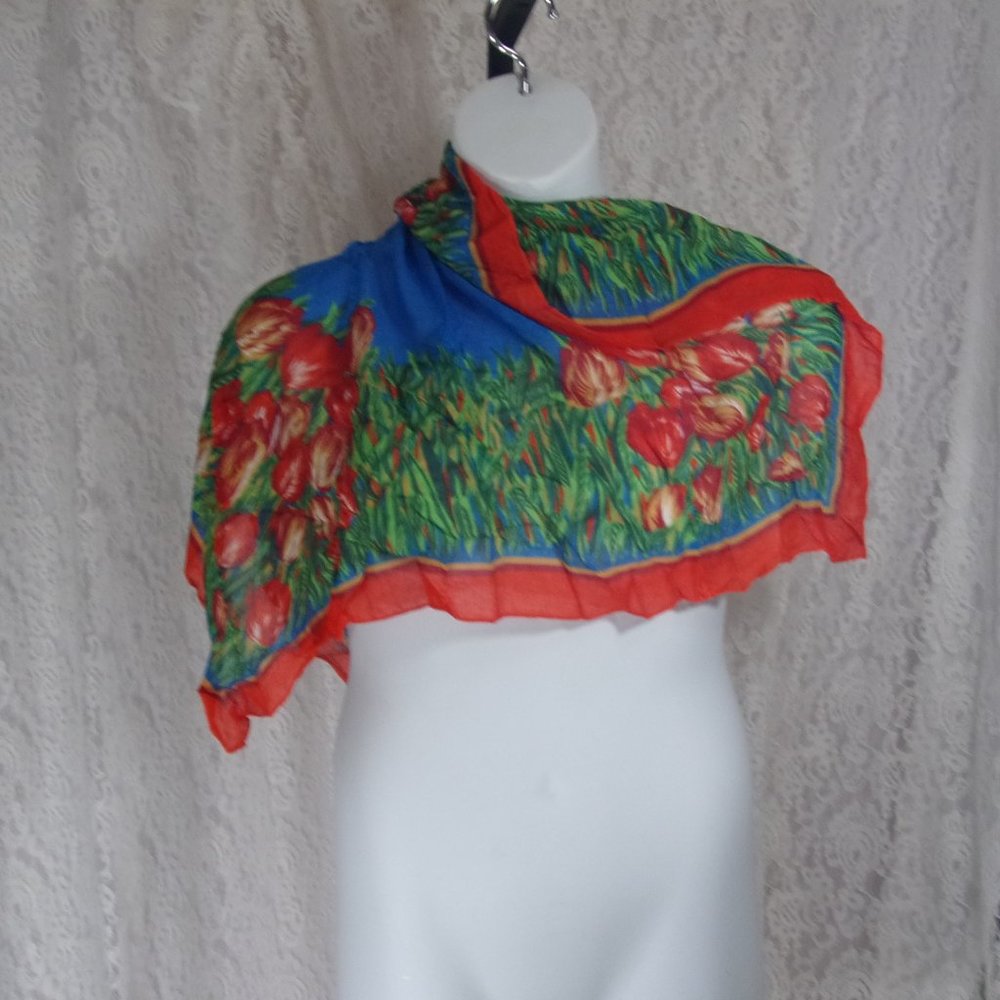 Fashion Scarf Square Blue and Orange Tulip Print NWOT
